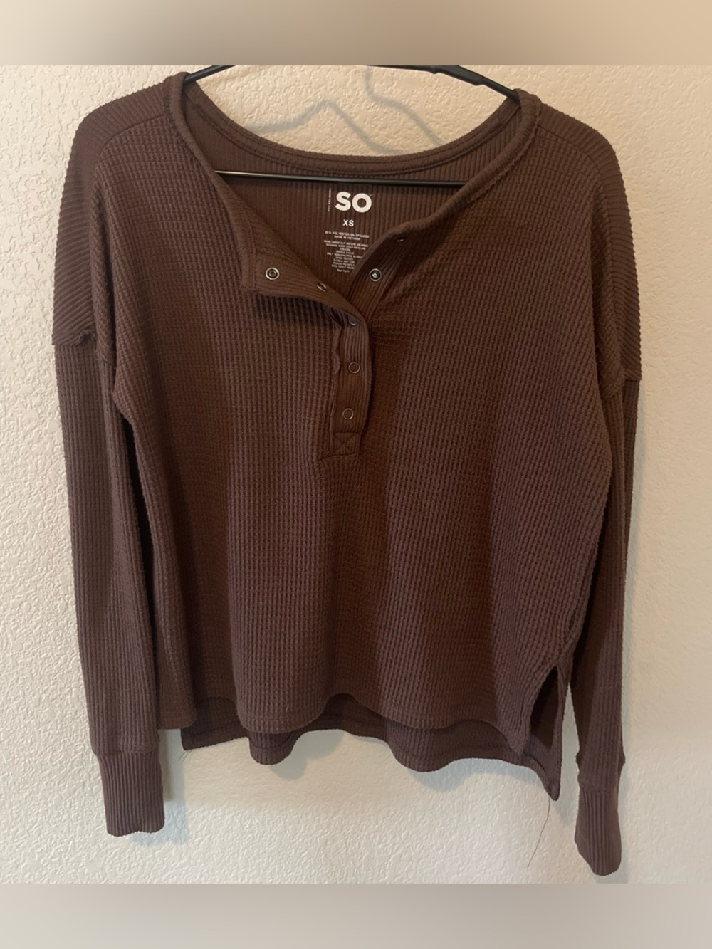 SO Brown Waffle Henley Snap-Button Long Sleeve Top